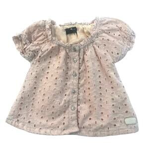 7 For All Mankind Girls Light Pink Short Puff Sleeve Eyelet Button Up Top 18M